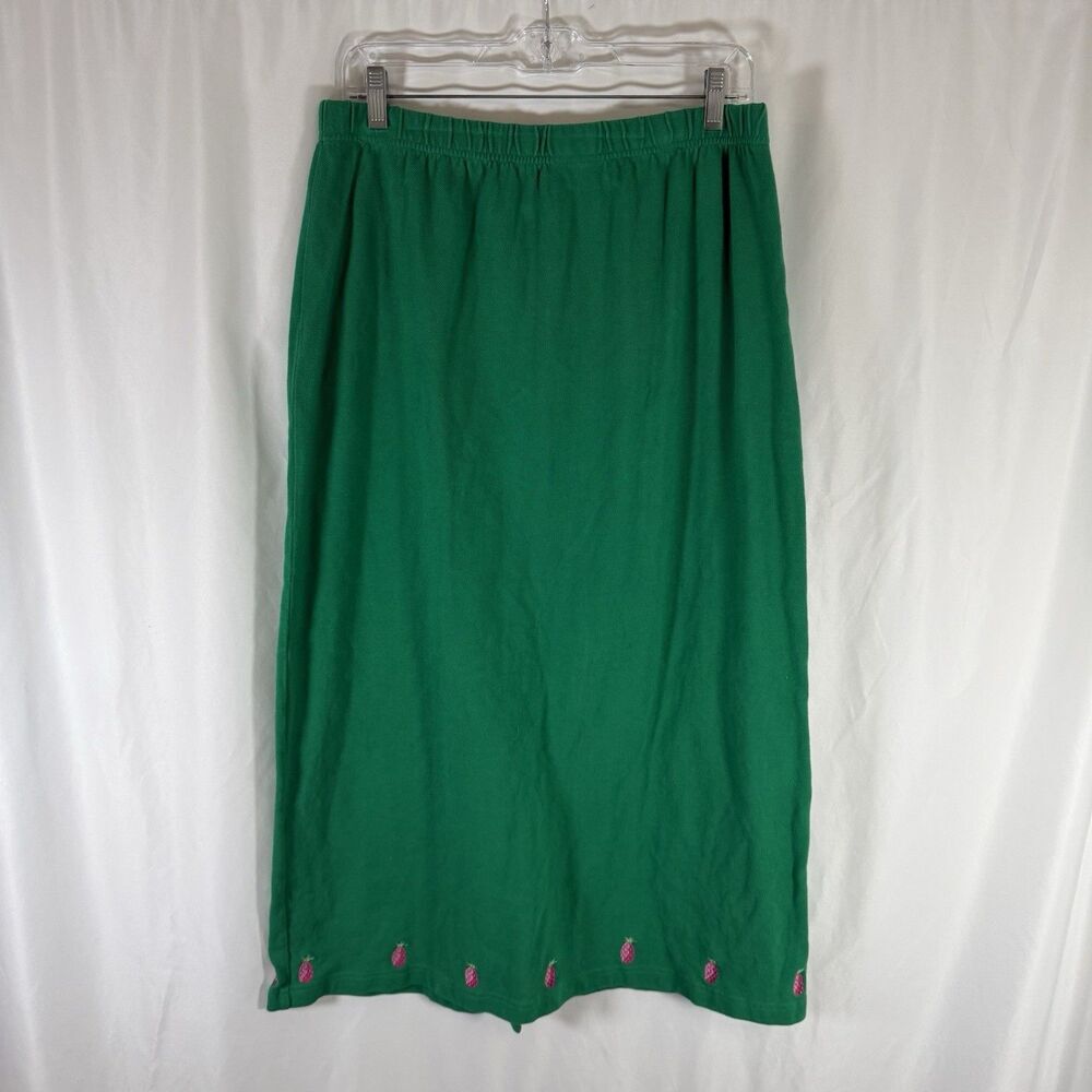 The Quacker Factory Skirt Women's 1X Green Pink Pineapple Elastic Waist Cotton